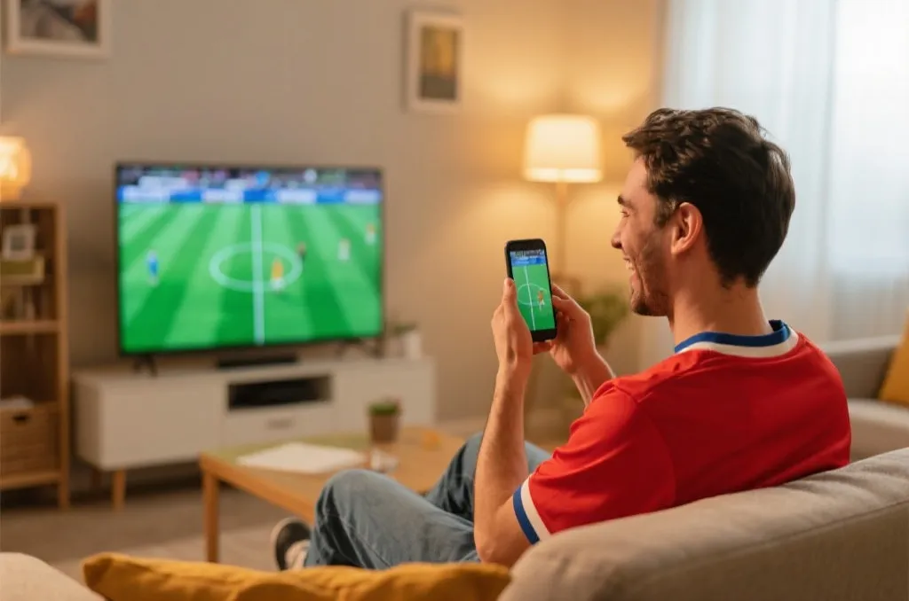 a fan watching soccer game on smart TV happily in a cozy living room