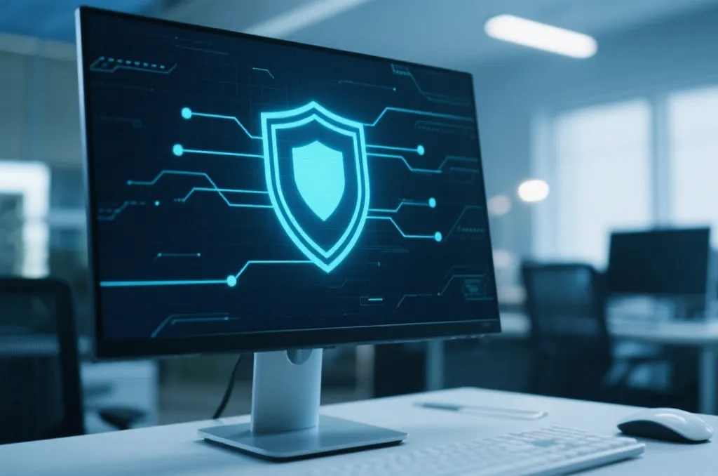 A secure digital shield icon glowing on a high-tech computer monitor representing network safety