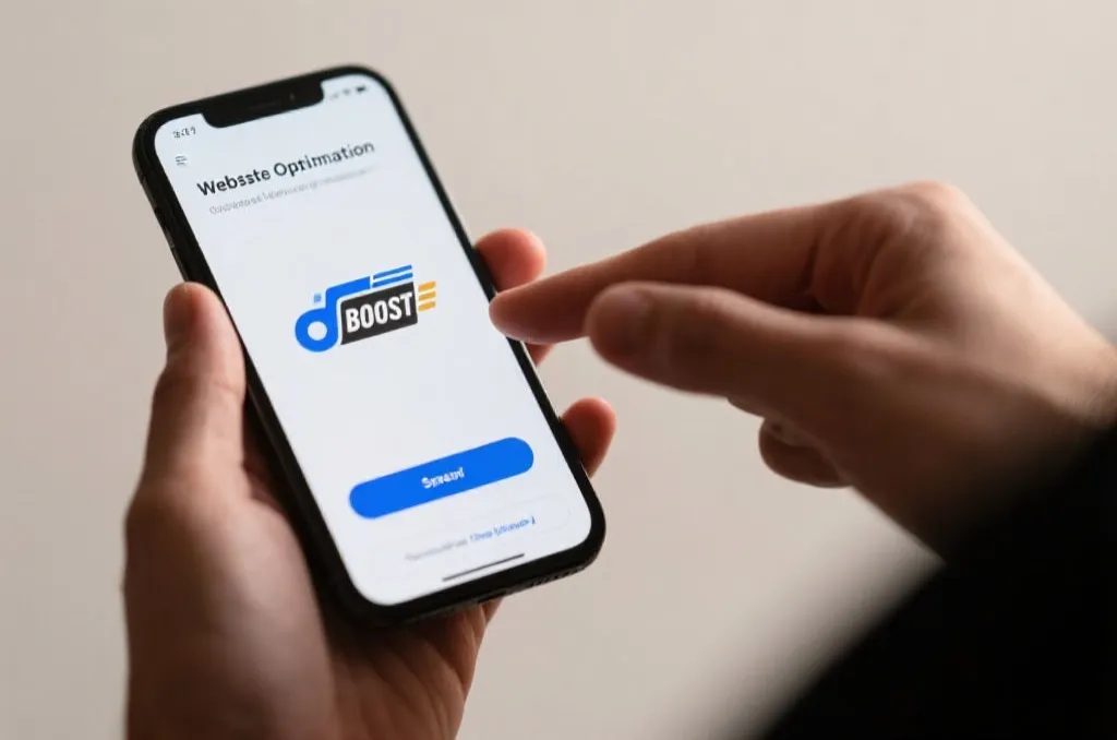 Hands holding a generic mobile phone showing a website optimization setting screen with a speed boost icon, neutral background